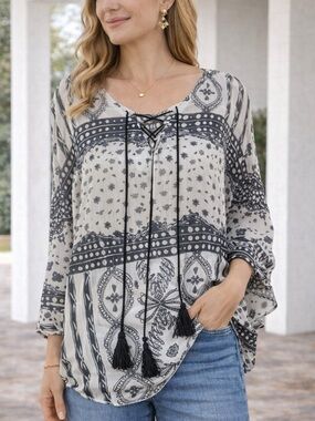 Boho Tassel Tie Blouse Black Cream Sheer Flowy Long Sleeve Festival Top M